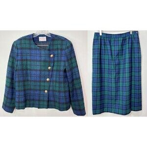 VTG Pendleton Wool Black Watch Tartan Plaid Blazer Skirt Suit Set 14/12 Scot